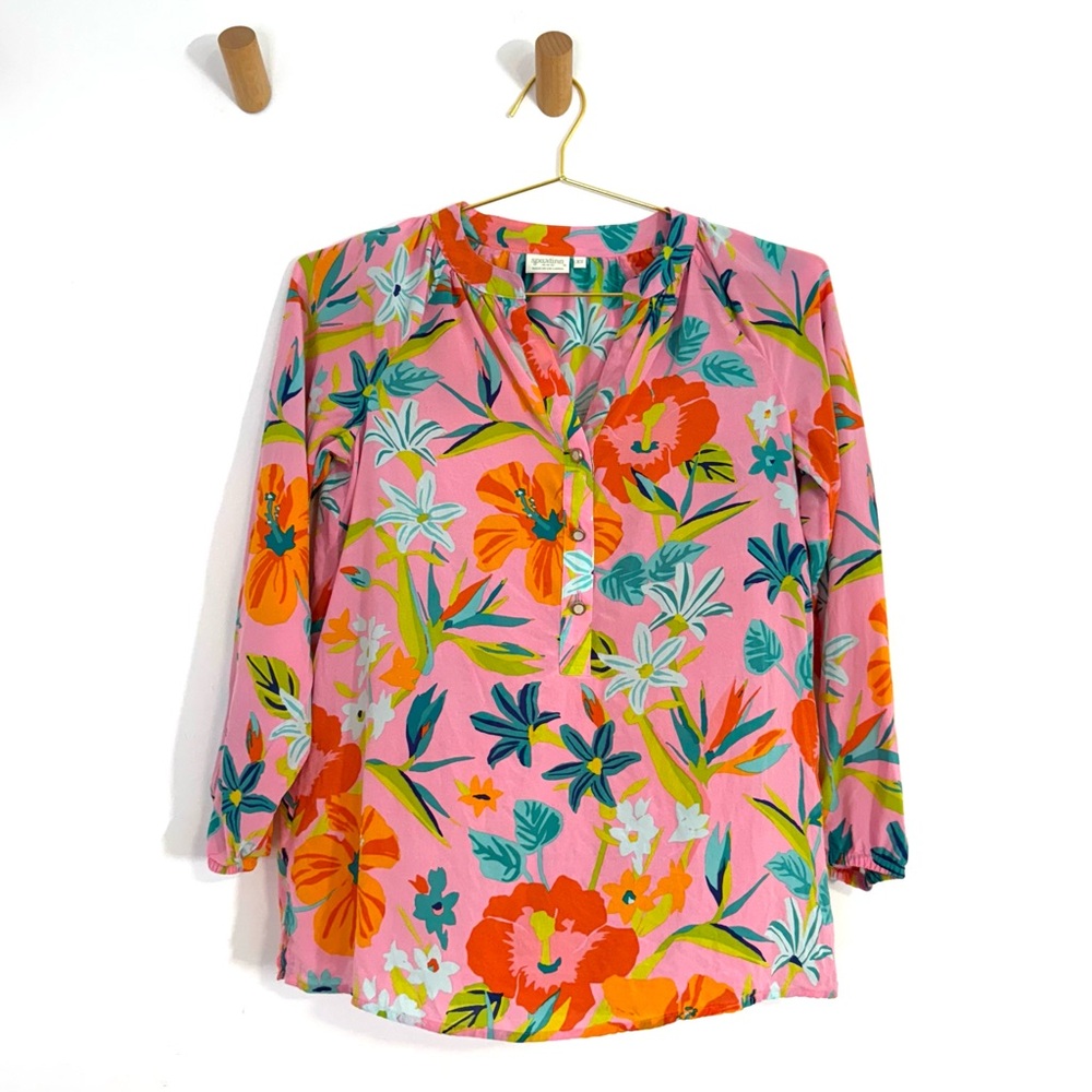 Spartina 449 Cora Silk Vibrant Colorful Floral Tropical Blouse Pink Orange XS